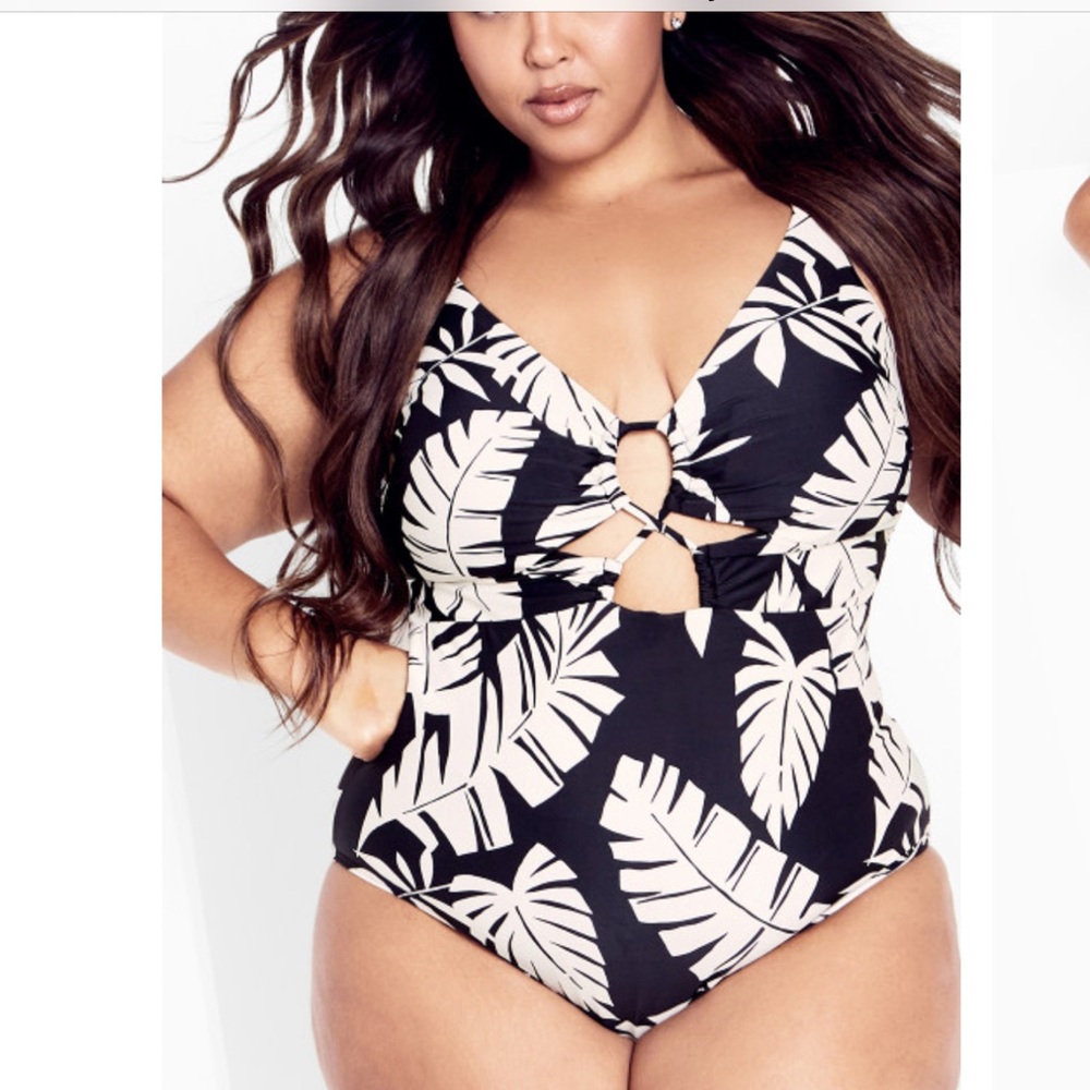 NEWT City Chic Black and White Leaf Print Swimsuit